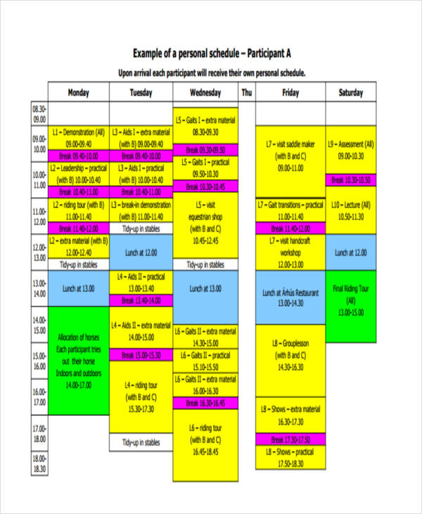 example of personal schedule