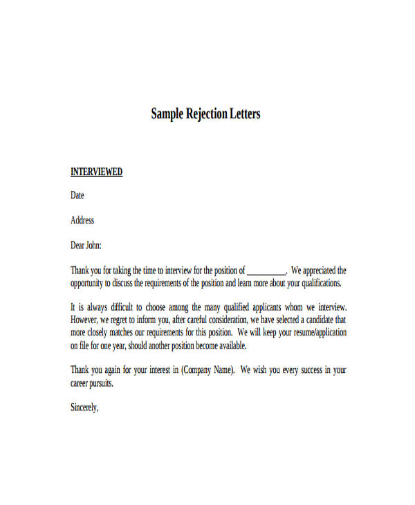 example of rejection letter
