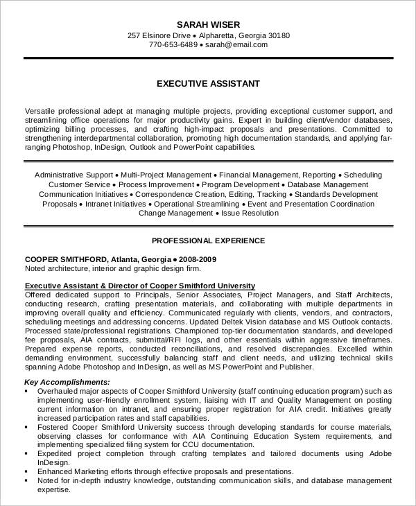 executive assistant resume in pdf