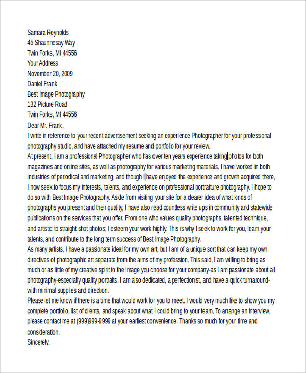 photography cover letter example