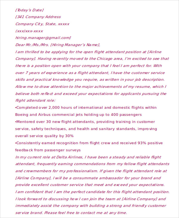 Flight Attendant Cover Letter - 9+ Free Word, PDF Format Download