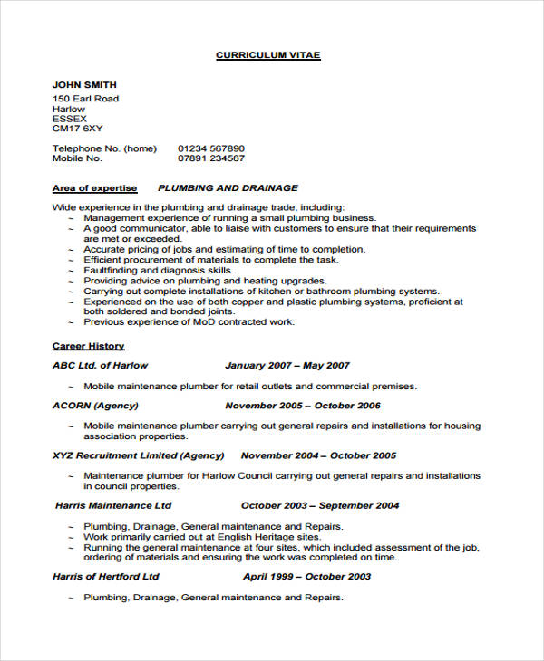9  Plumber Resume Templates PDF DOC
