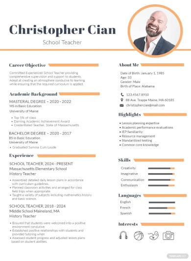 experienced school teacher resume template