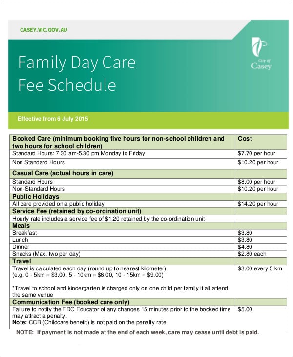 family day care fee sample