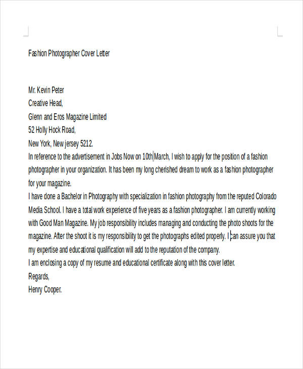 fashion photographer cover letter