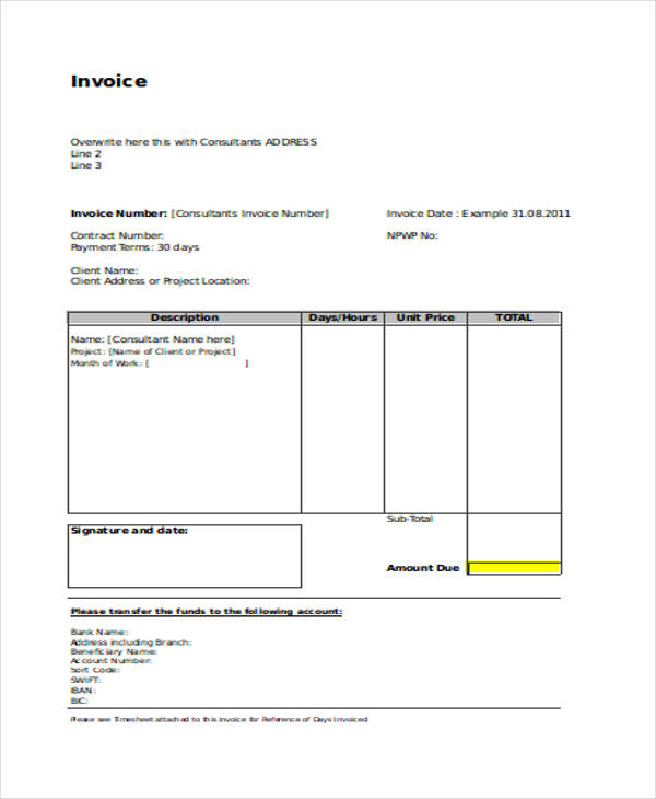 sample invoice professional services fees