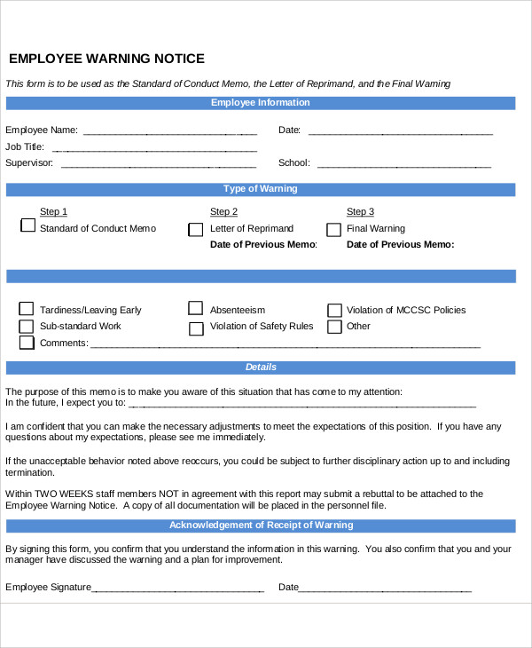 7+ Employee Warning Notice Templates PDF, Google Docs, MS Word, Apple