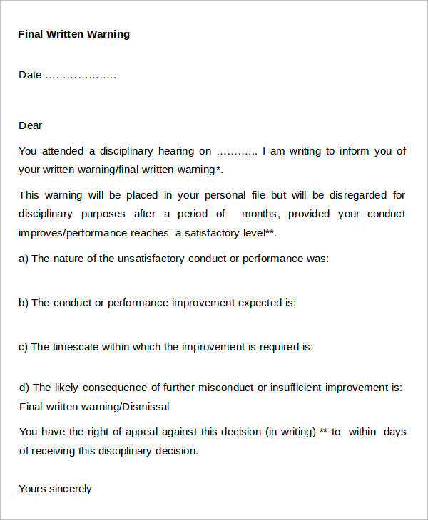 written warning appeal letter template