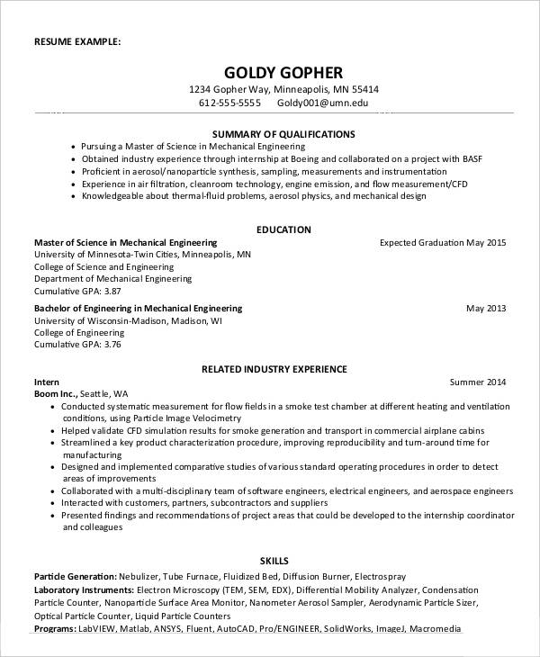 first year engineering resume