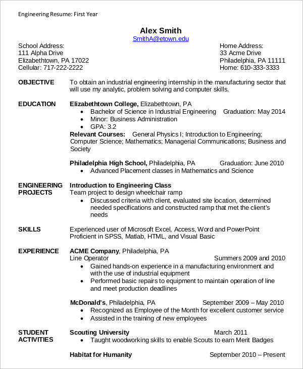 resume for first job after college