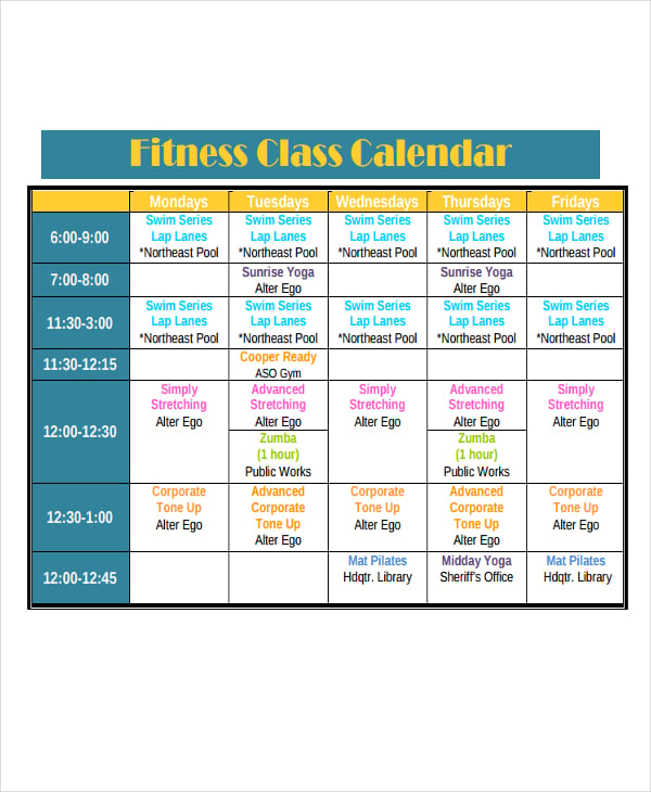 fitness calendar sample