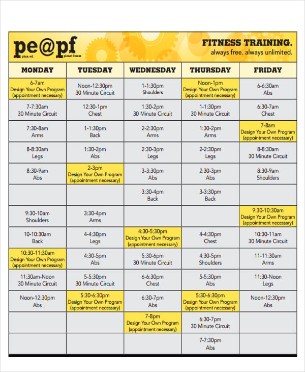 fitness training calendar