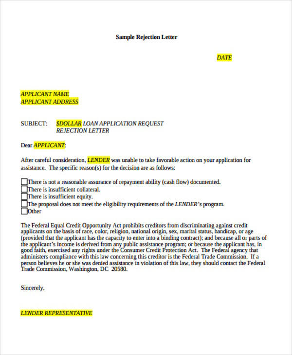 Loan Rejection Letter Templates 10+ Word, PDF Format Download