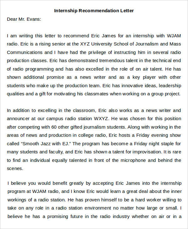 format for recommendation letter from college for internship