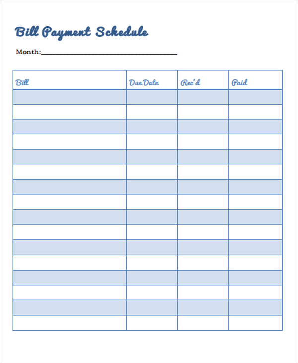 Printable Payment Schedule Template Printable Word Searches