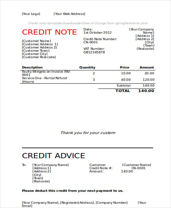 Credit note template excel free invoice for mac download