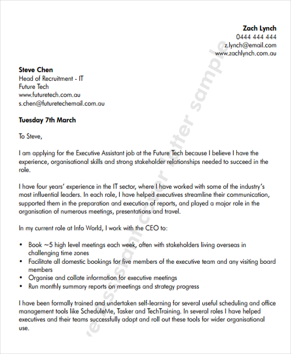 8+ Executive Assistant Cover Letter Templates Free Sample, Example