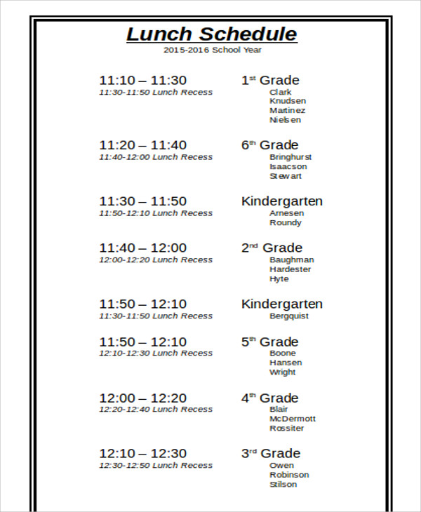 9+ Lunch Schedule Templates - Sample, Examples