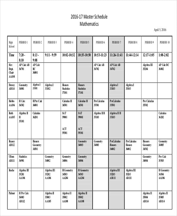 Master Schedule Templates 11 Free Samples, Examples Format Download