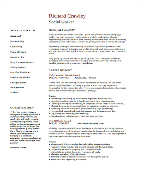 10+ Social Worker Resume Templates - PDF, DOC