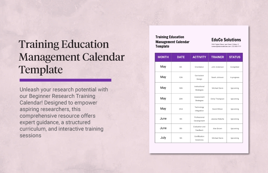 free training education management calendar template
