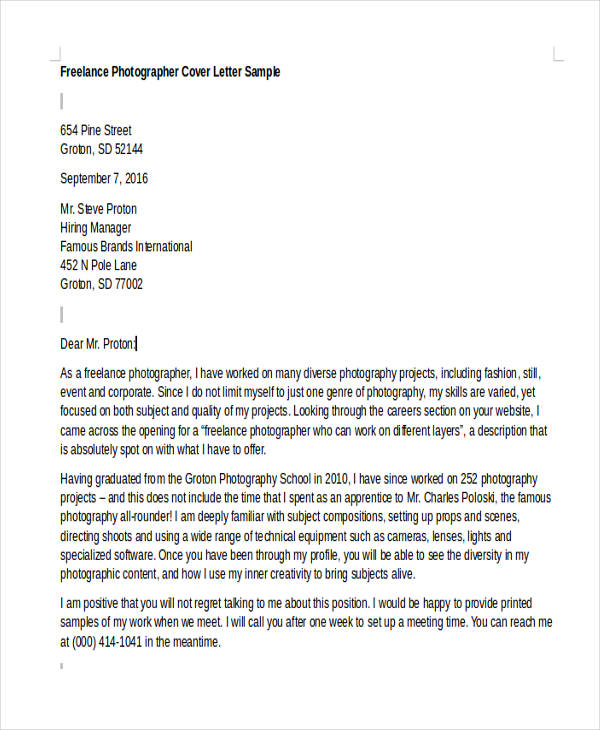 application letter for a photographer