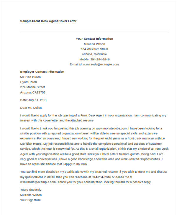 cover letter of a front desk receptionist