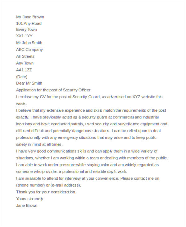 application letter for security guard with experience