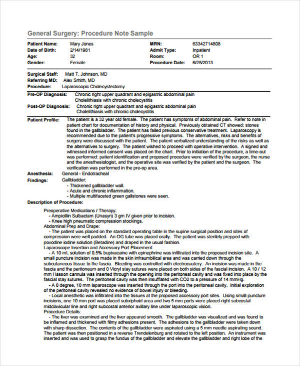 Operative Report Surgical Operation Notes Template