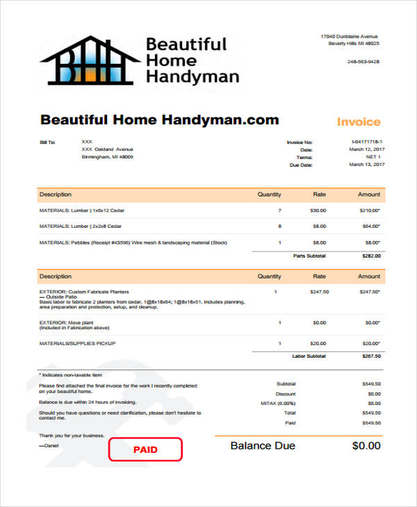 Handyman invoice template excel