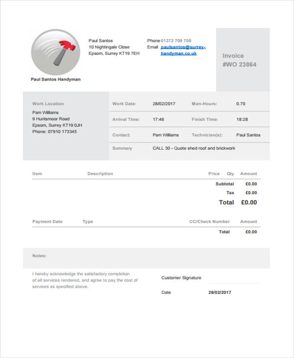 6 handyman invoice template free sample example format download