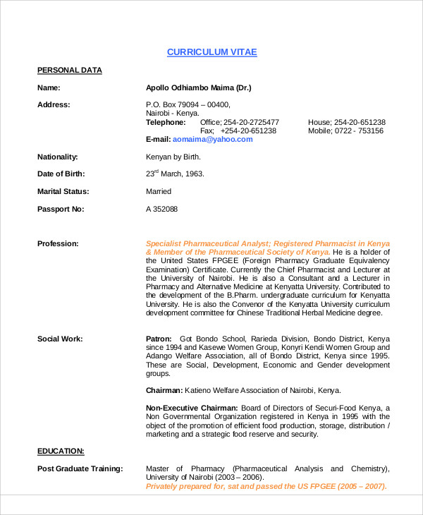 9+ Pharmacist Curriculum Vitae Templates PDF, DOC