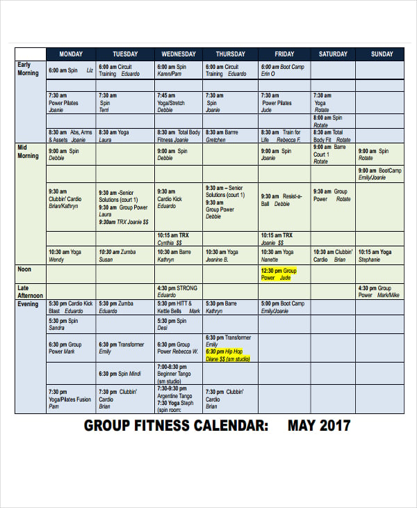 group fitness calendar