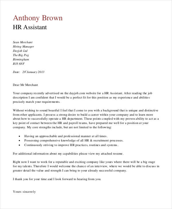 hr assistant cover letter sample with no experience