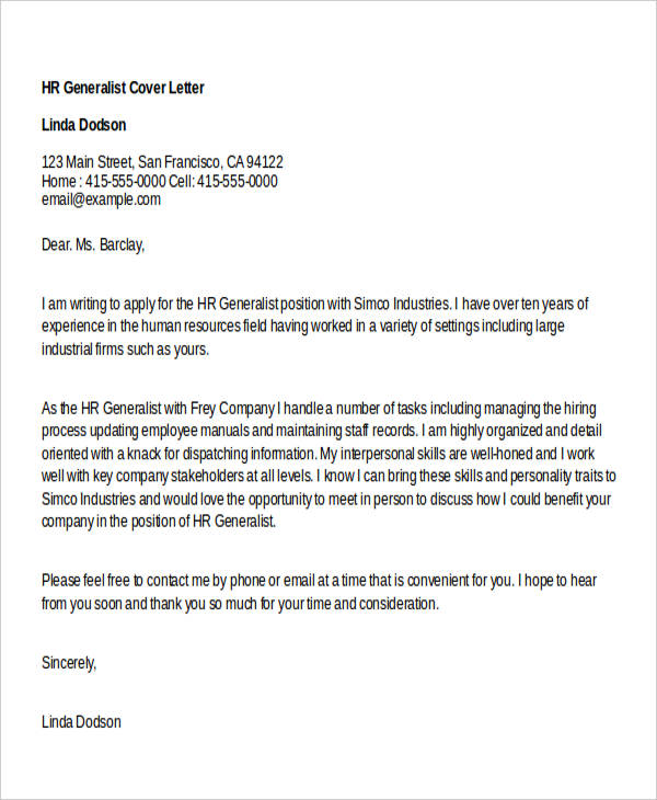 hr generalist sample cover letter