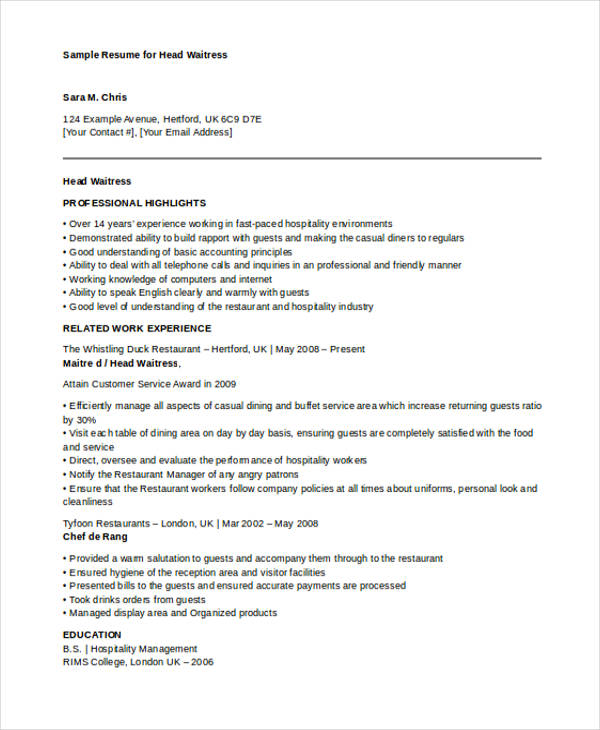 head-waitress-resume