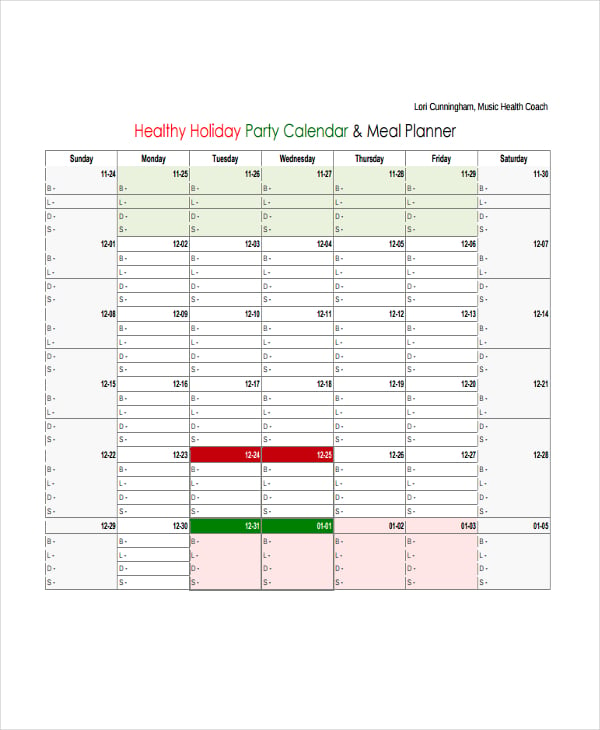 healthy meal calendar
