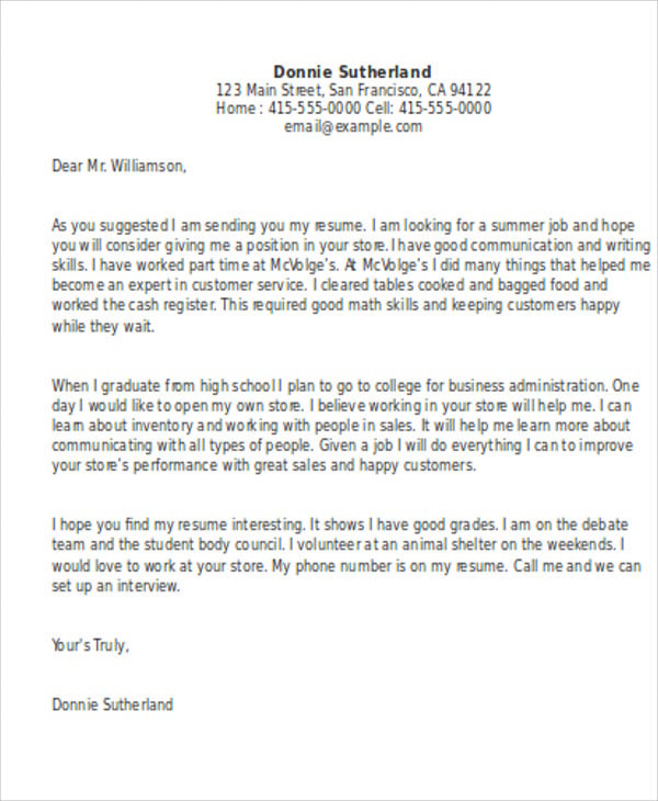 cover letter for high school student