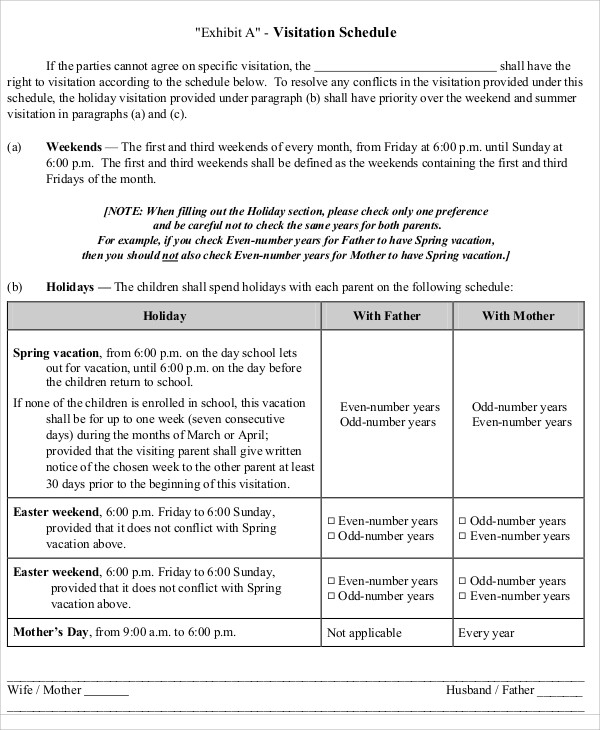 Child Custody Visitation Schedule Template Collection