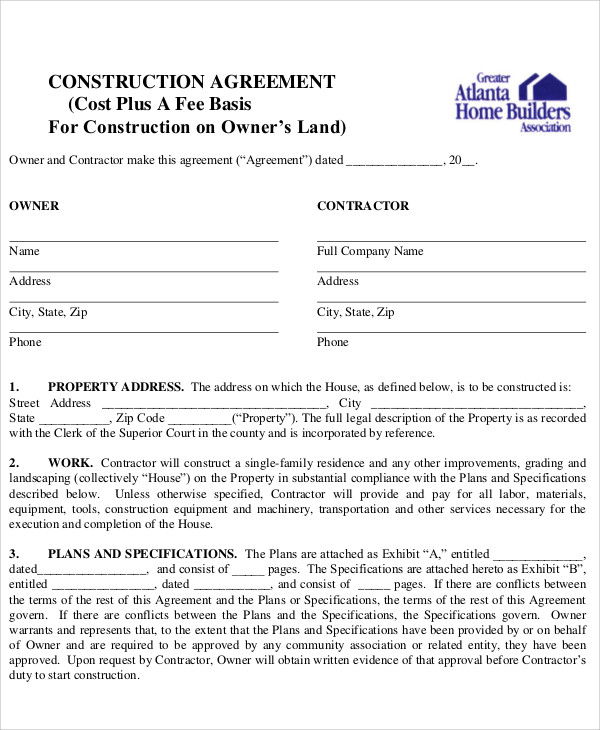 Construction Contract Form Templates