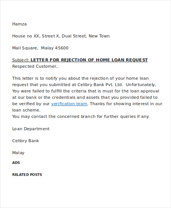 sample notification letter payment Word, 7 Free Templates  Letter Loan PDF Rejection  Format