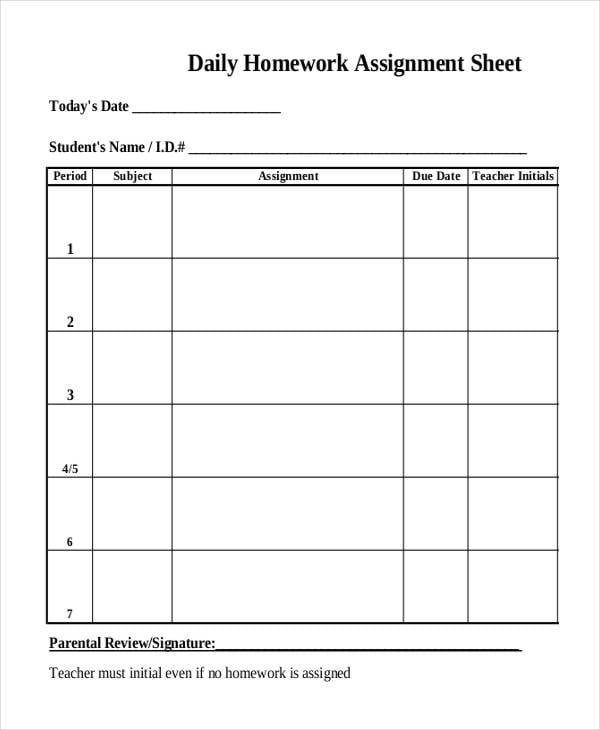 student daily assignment planner free