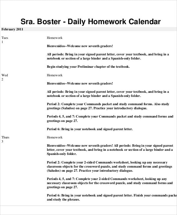 homework calendar