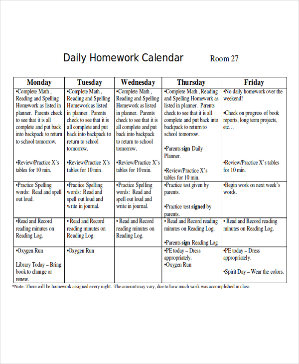 homework calendar