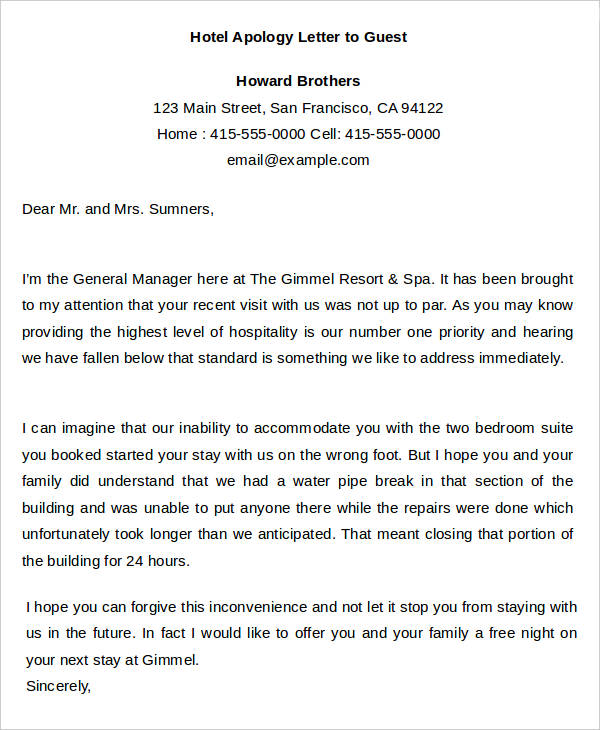 hotel apology letter to guest