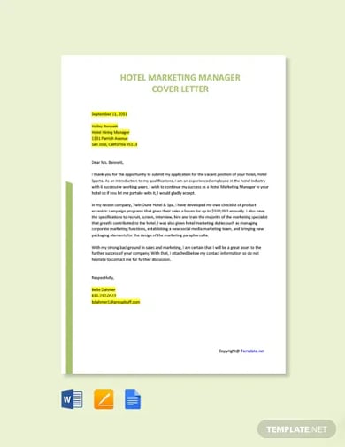 hotel marketing manager cover letter template