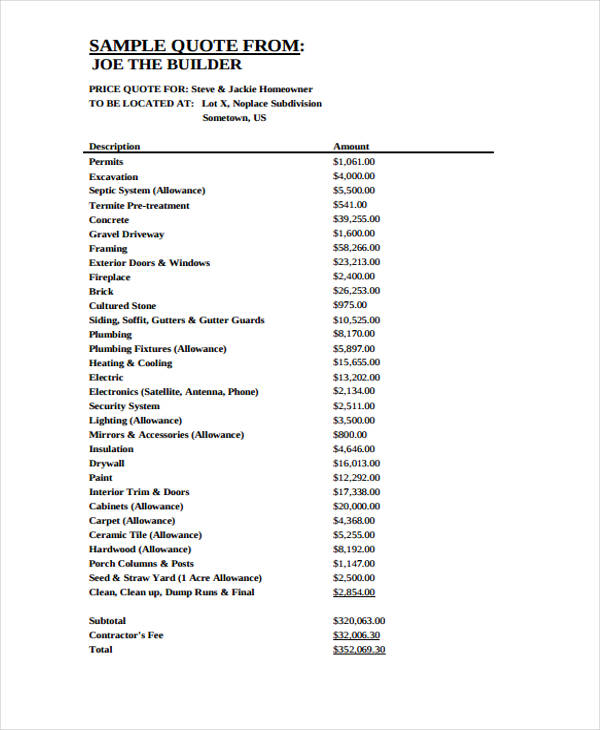 House Construction Quotation Sample PDF Template