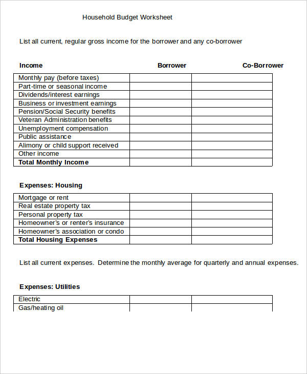 household budget work sheet