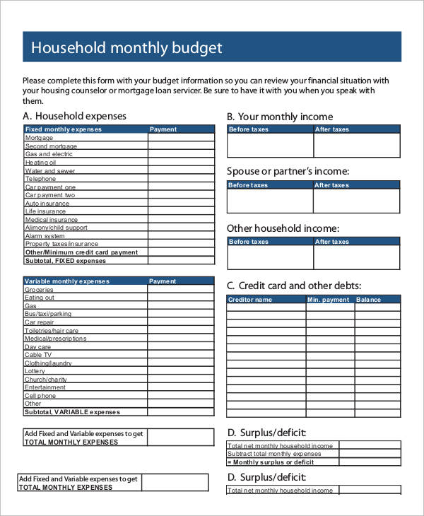 household monthly expense report