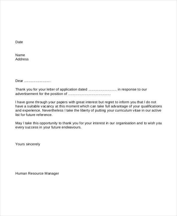 hr rejection letter